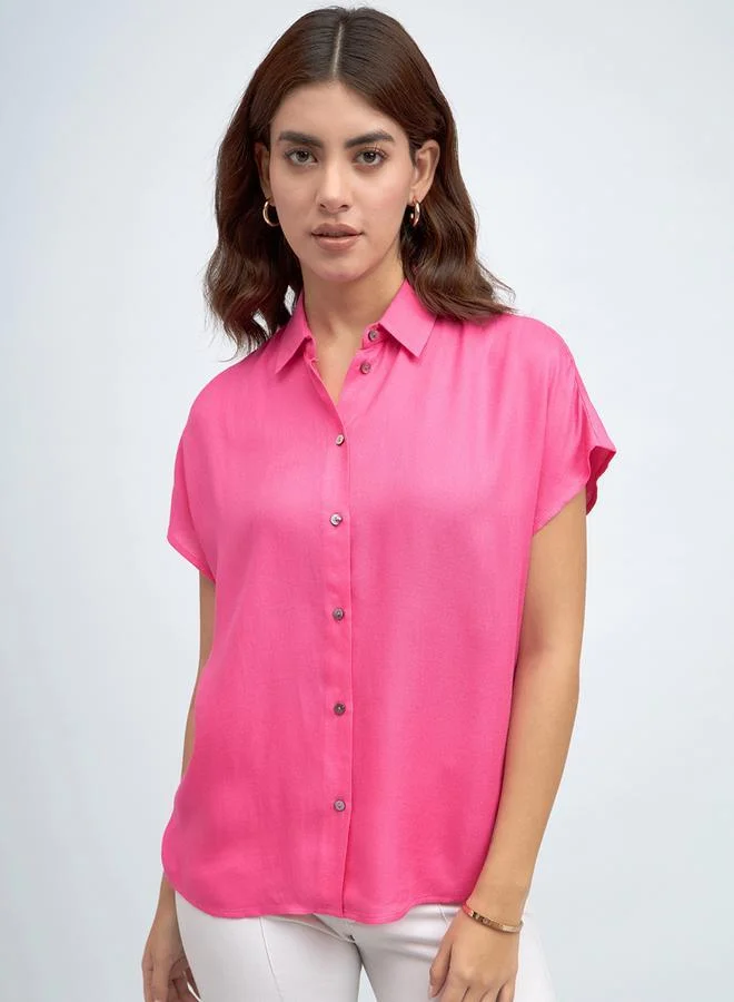 Dennis Lingo Pink Relaxed Fit Shirt for Women - Viscose Moss, Solid, Half Sleeves, Casual,