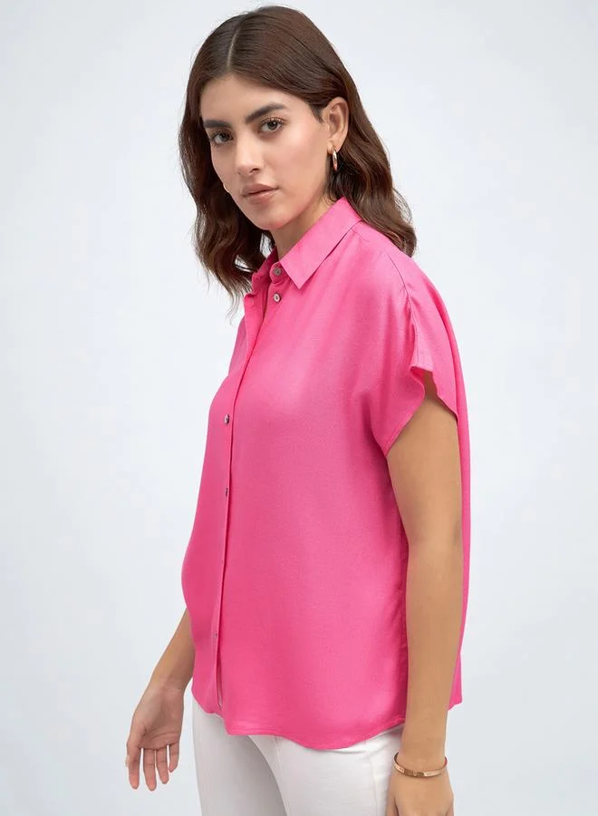 Dennis Lingo Pink Relaxed Fit Shirt for Women - Viscose Moss, Solid, Half Sleeves, Casual,