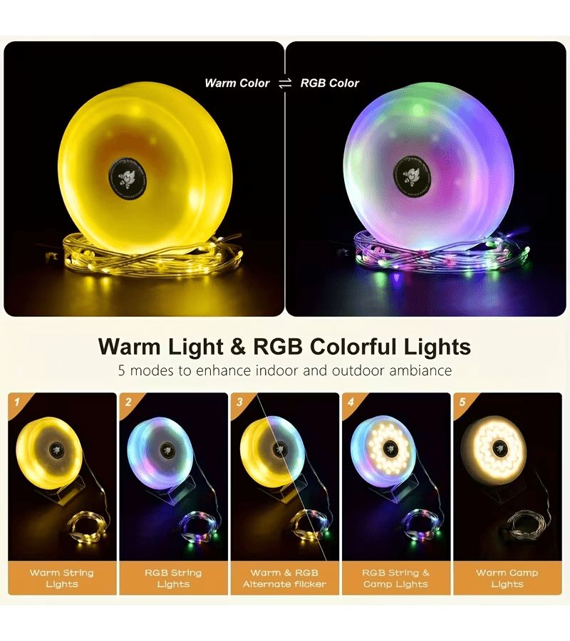 مصباح تخييم متعدد الوظائف مع أضواء خيطية RGB وبيضاء دافئة، قابل لإعادة الشحن، مزود بمغناطيس، وحماية IP65 - Image 5