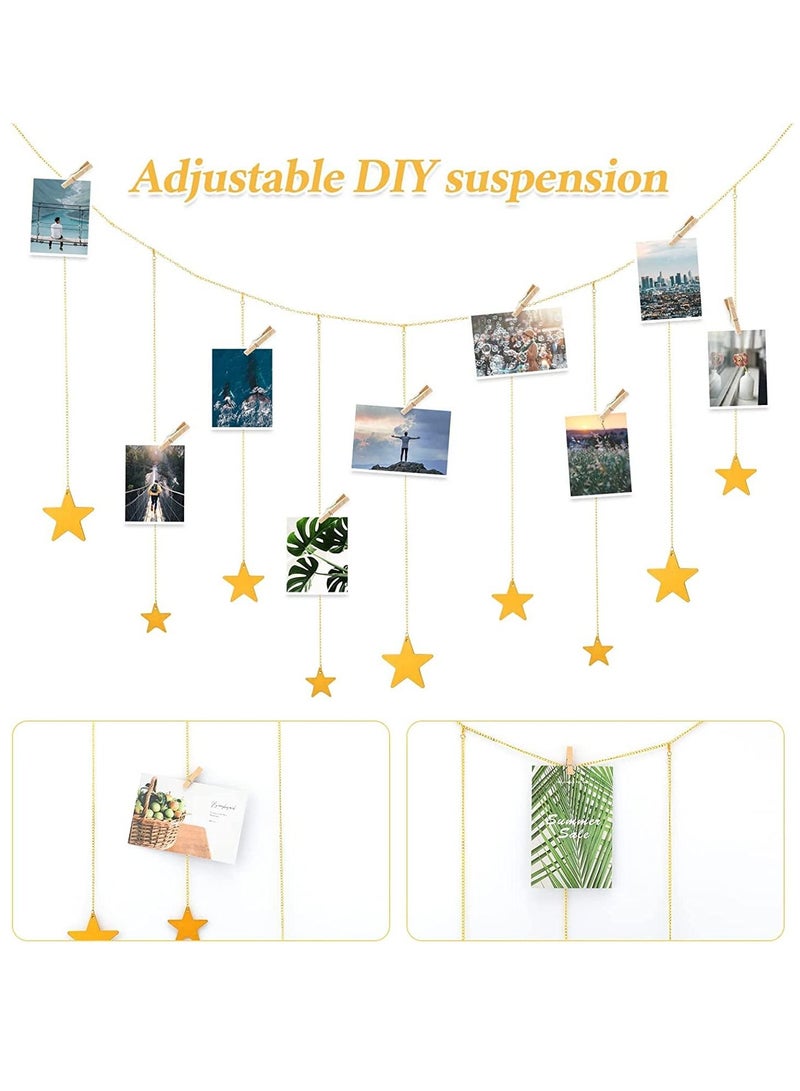 Excefore Hanging Photo Display, Boho Decor Wooden Stars Garland with Metal Chains Picture Frame Collage with 30 Wood Clips for Teen Girl Room, Bedroom, Dorm, Home, Party Decor (200 cm) - Image 3