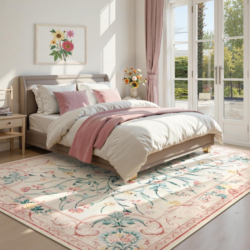 Morebes Pink Floral 8x10 Washable Rug for Living Room, Cute Large Area Rugs for Girls Bedroom Non Slip, Soft Low Pile Indoor Carpet for Nursery Playroom Kids Dining (Pink 8'x10') - Image 2