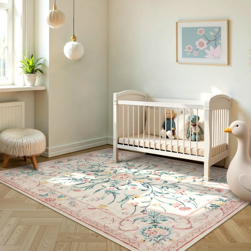 Morebes Pink Floral 8x10 Washable Rug for Living Room, Cute Large Area Rugs for Girls Bedroom Non Slip, Soft Low Pile Indoor Carpet for Nursery Playroom Kids Dining (Pink 8'x10') - Image 3