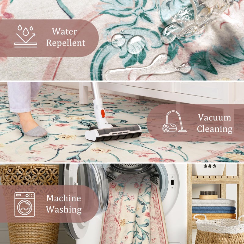 Morebes Pink Floral 8x10 Washable Rug for Living Room, Cute Large Area Rugs for Girls Bedroom Non Slip, Soft Low Pile Indoor Carpet for Nursery Playroom Kids Dining (Pink 8'x10') - Image 4