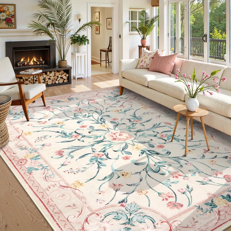 Morebes Pink Floral 8x10 Washable Rug for Living Room, Cute Large Area Rugs for Girls Bedroom Non Slip, Soft Low Pile Indoor Carpet for Nursery Playroom Kids Dining (Pink 8'x10') - Image 1
