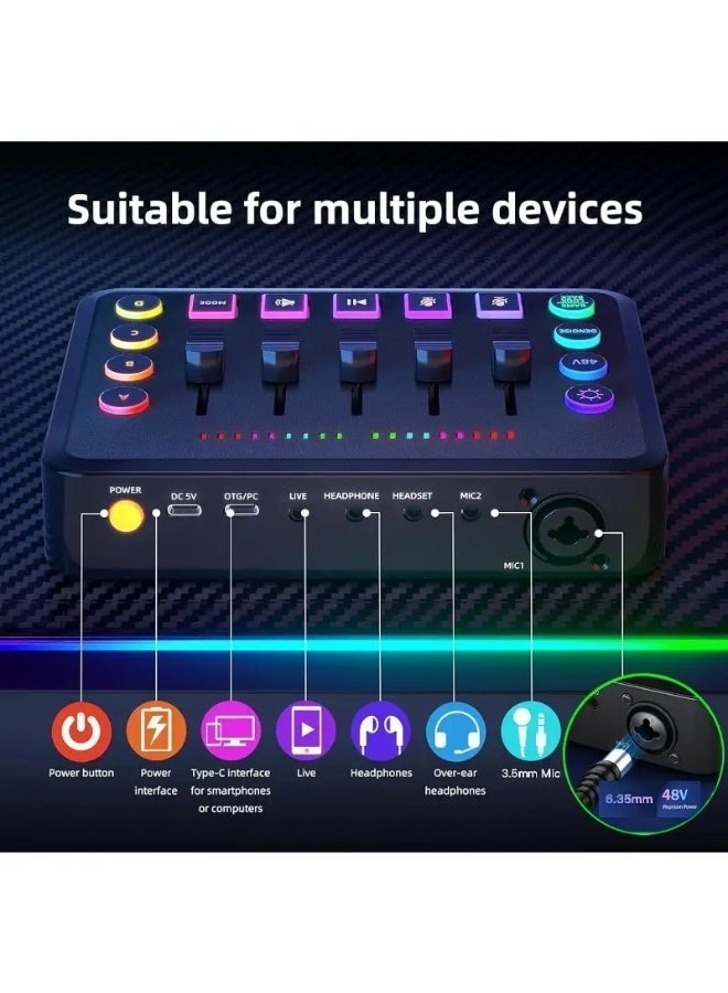 Gaming Audio Mixer, Audio Mixer for Streaming, Streaming RGB PC Mixer with XLR Microphone Interface, Volume Fader, 48V Phantom Power, for Podcast/Recording/Game Voice/Youtube/TikTok/Vocal - Image 2