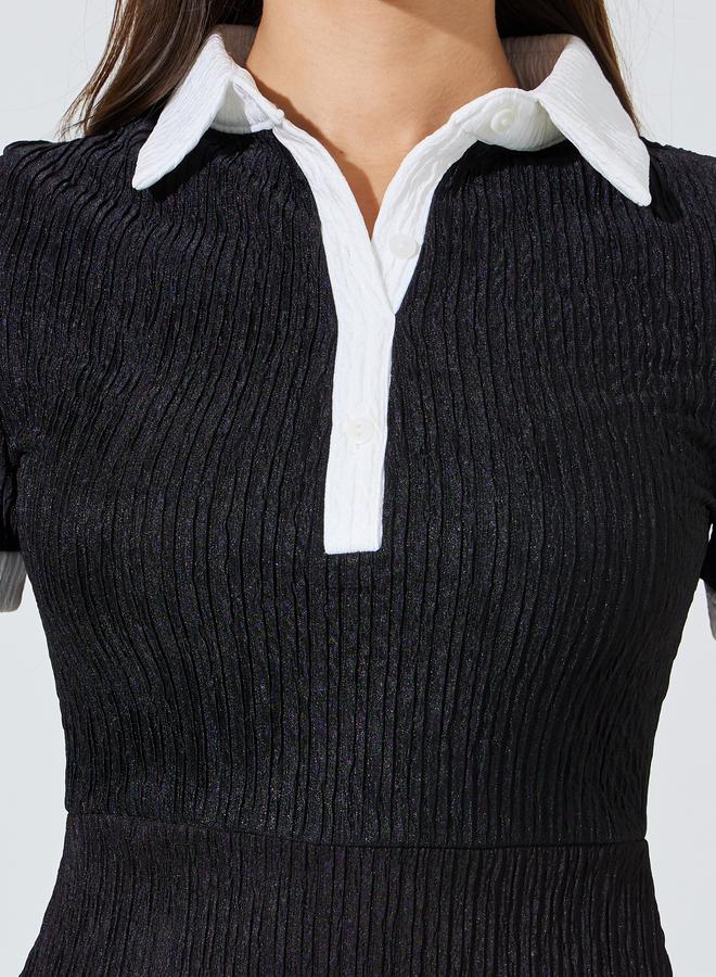 Styli Black Textured Contrast Trims Shirt Midi Dress - Image 4