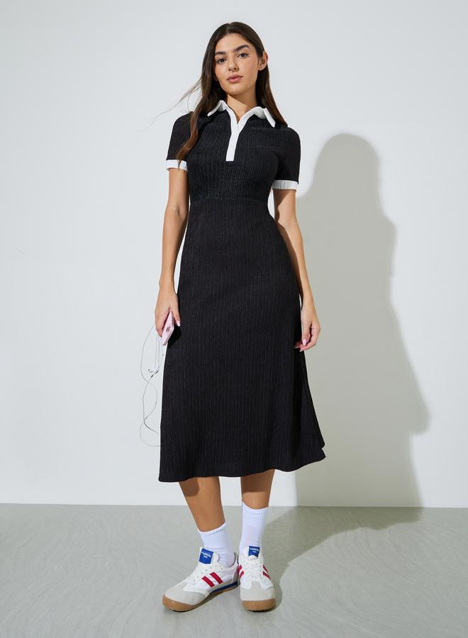 Styli Black Textured Contrast Trims Shirt Midi Dress - Image 3