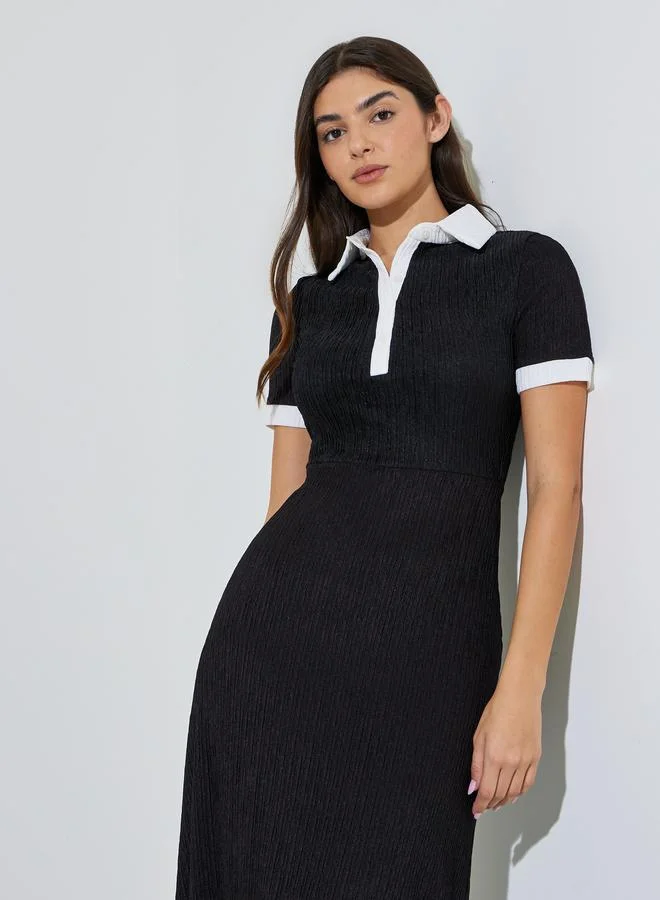 Styli Black Textured Contrast Trims Shirt Midi Dress