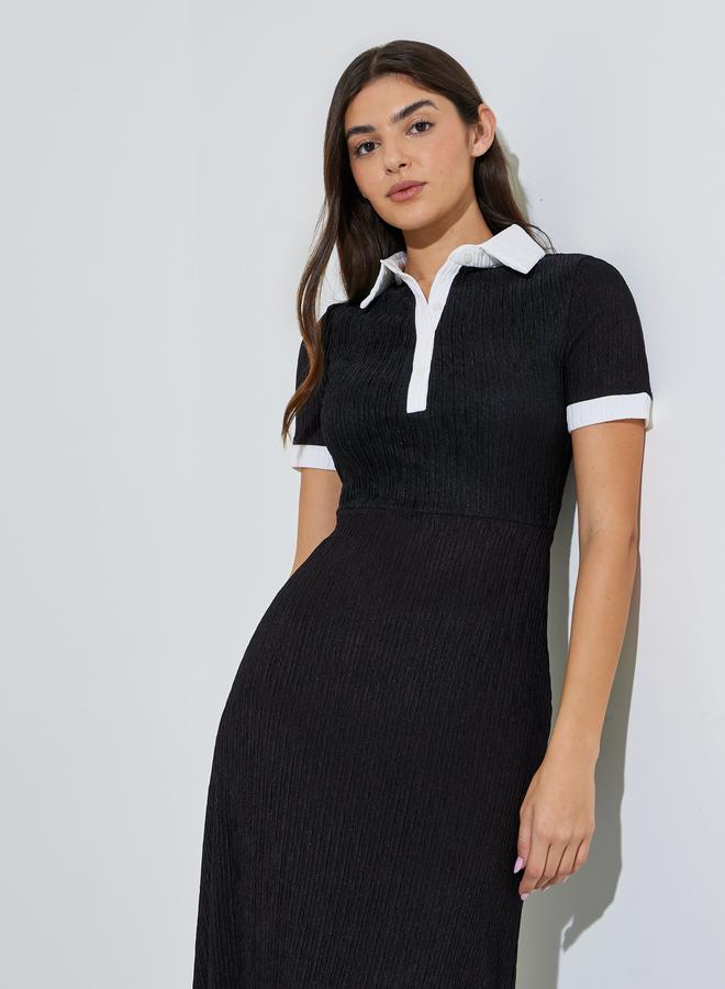 Styli Black Textured Contrast Trims Shirt Midi Dress - Image 2
