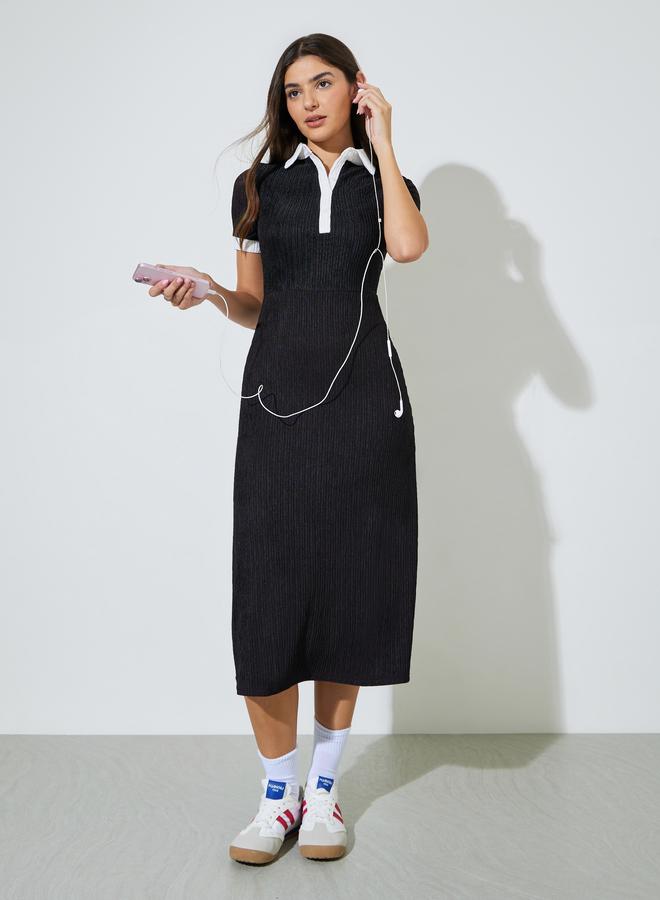 Styli Black Textured Contrast Trims Shirt Midi Dress - Image 1