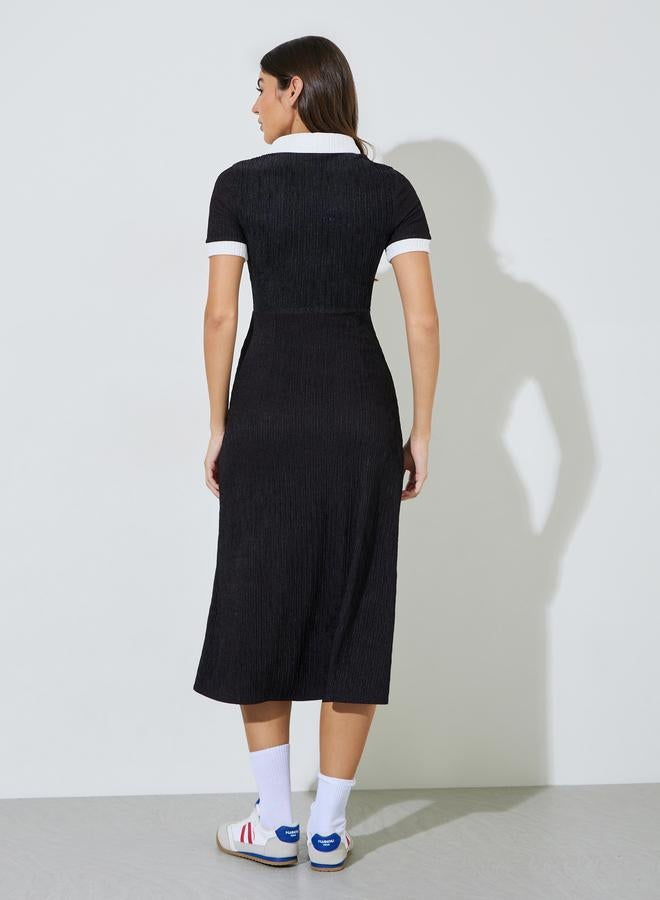 Styli Black Textured Contrast Trims Shirt Midi Dress - Image 5