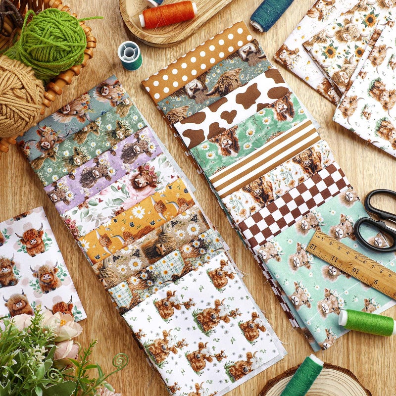 Hahafelt 10 Pcs 18 x 22 Inch Highland Cow Fat Quarters Vintage Highland Cow Precuts Fabric Bundles Retro Plaid Sunflower Patchwork Squares for Summer Sewing Cloths Quilt DIY Craft Supplies - Image 4