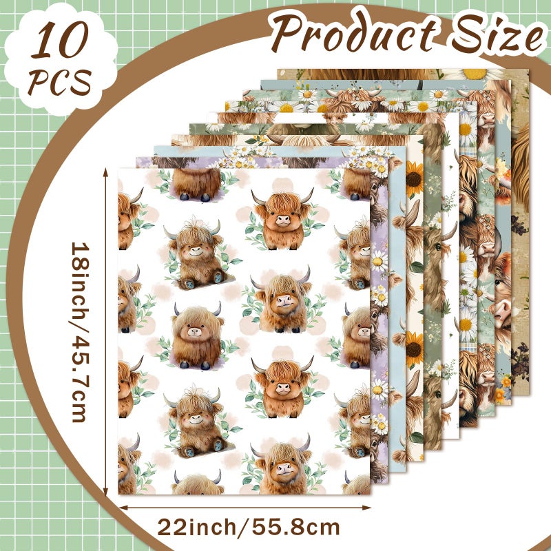 Hahafelt 10 Pcs 18 x 22 Inch Highland Cow Fat Quarters Vintage Highland Cow Precuts Fabric Bundles Retro Plaid Sunflower Patchwork Squares for Summer Sewing Cloths Quilt DIY Craft Supplies - Image 2