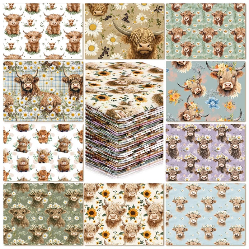 Hahafelt 10 Pcs 18 x 22 Inch Highland Cow Fat Quarters Vintage Highland Cow Precuts Fabric Bundles Retro Plaid Sunflower Patchwork Squares for Summer Sewing Cloths Quilt DIY Craft Supplies - Image 1