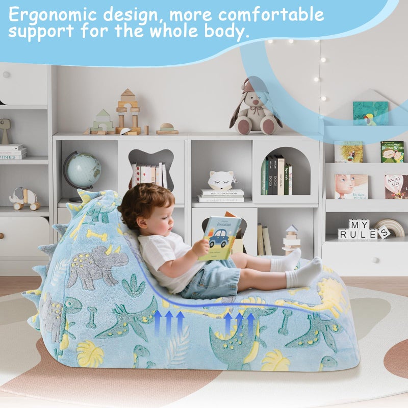 COMAX Dinosaur Bean Bag Chairs for Kids, Kid Beanbag Chair with Filler, Toddler Lounge Bean Chair, Children Lazy Floor Lounger for Girls Boys, Glowing Blue Dino - Image 3