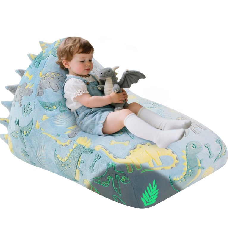 COMAX Dinosaur Bean Bag Chairs for Kids, Kid Beanbag Chair with Filler, Toddler Lounge Bean Chair, Children Lazy Floor Lounger for Girls Boys, Glowing Blue Dino - Image 1