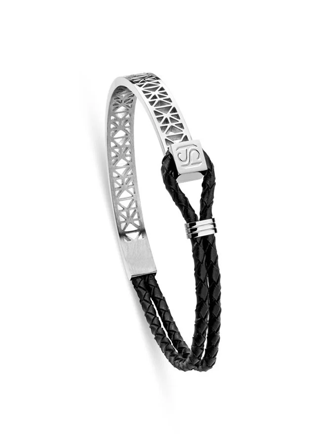 سانت هونور Champ De Mars Mens Black Leather & Stainless Steel Thin Bracelet 50x60Mm - B49 1N