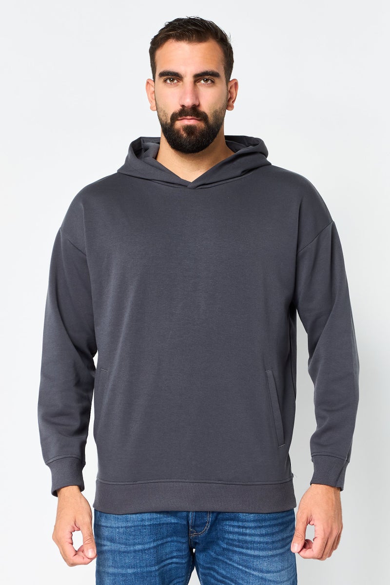 Algspar Men Plain Long Sleeve Hoodie, Dark Grey - Image 1