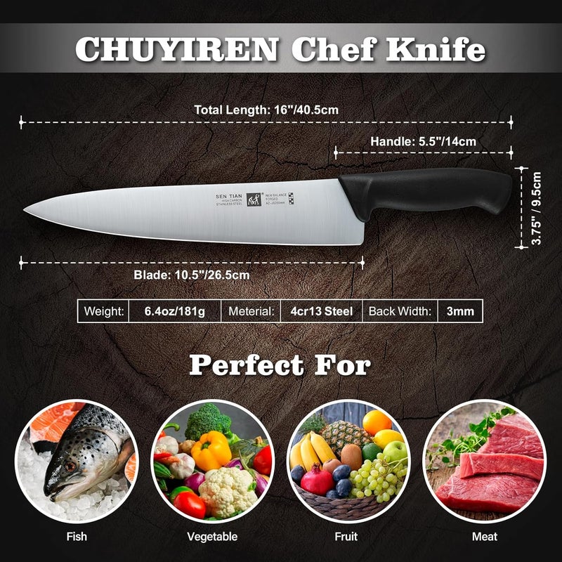 Sumteene Chef Knife, Professional Kitchen Knife 10.5", Ultra Sharp High Carbon Stainless Steel Full Tang Knife with Black Ergonomic PP Handle, Japanese Chef Knife for Household and Work - Image 2
