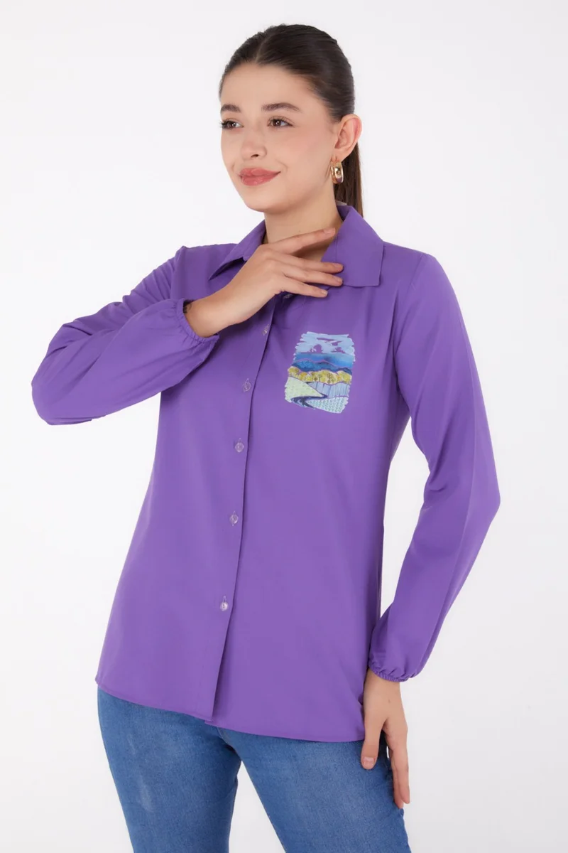 Tofisa Plain Shirt Collar Women's Lilac Printed Shirt - 13340