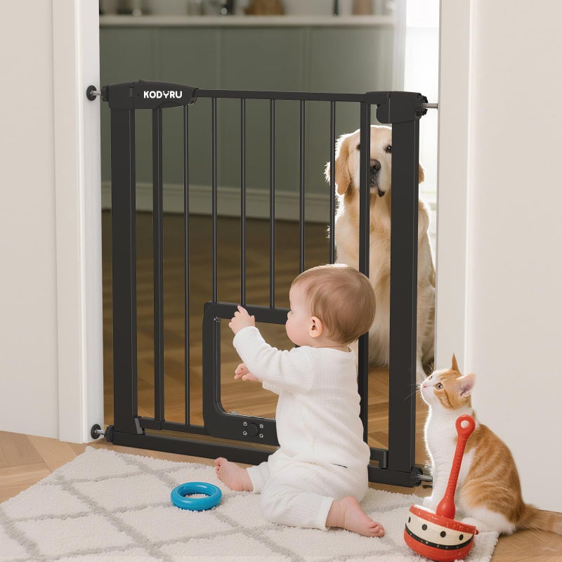 KODYRU 30 Inch Tall Dog Gate with Cat Door, Adjustable Width (29.7-45.2 Inches) for Doorways, Hallways & Stairs, Pressure-Mounted Walk-Through Dog Gate with Auto-Close & Double Lock Safetyï¼ˆBlackï¼‰ - Image 1