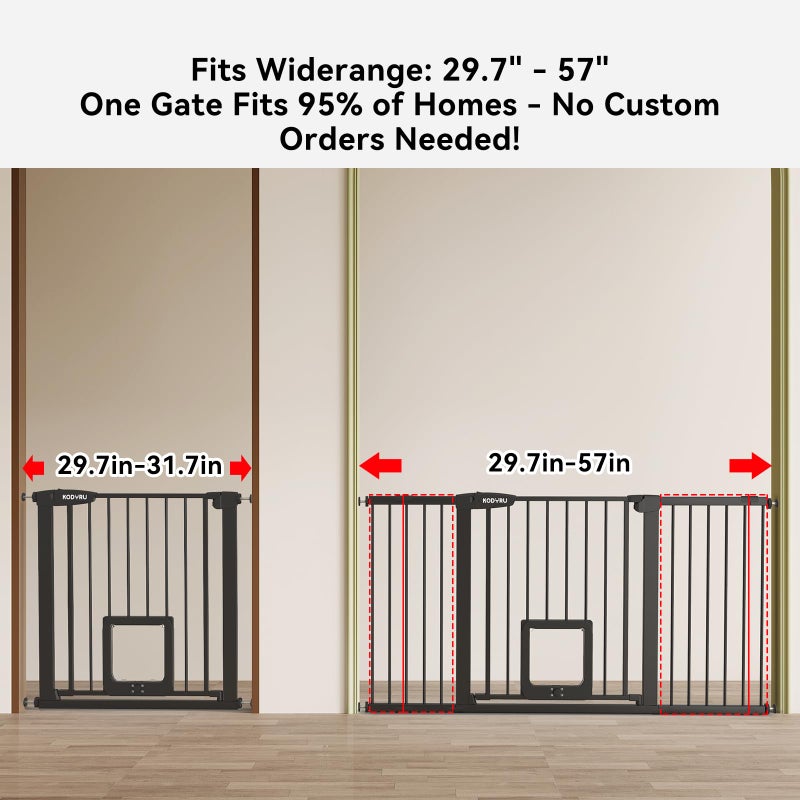 KODYRU 30 Inch Tall Dog Gate with Cat Door, Adjustable Width (29.7-45.2 Inches) for Doorways, Hallways & Stairs, Pressure-Mounted Walk-Through Dog Gate with Auto-Close & Double Lock Safetyï¼ˆBlackï¼‰ - Image 2