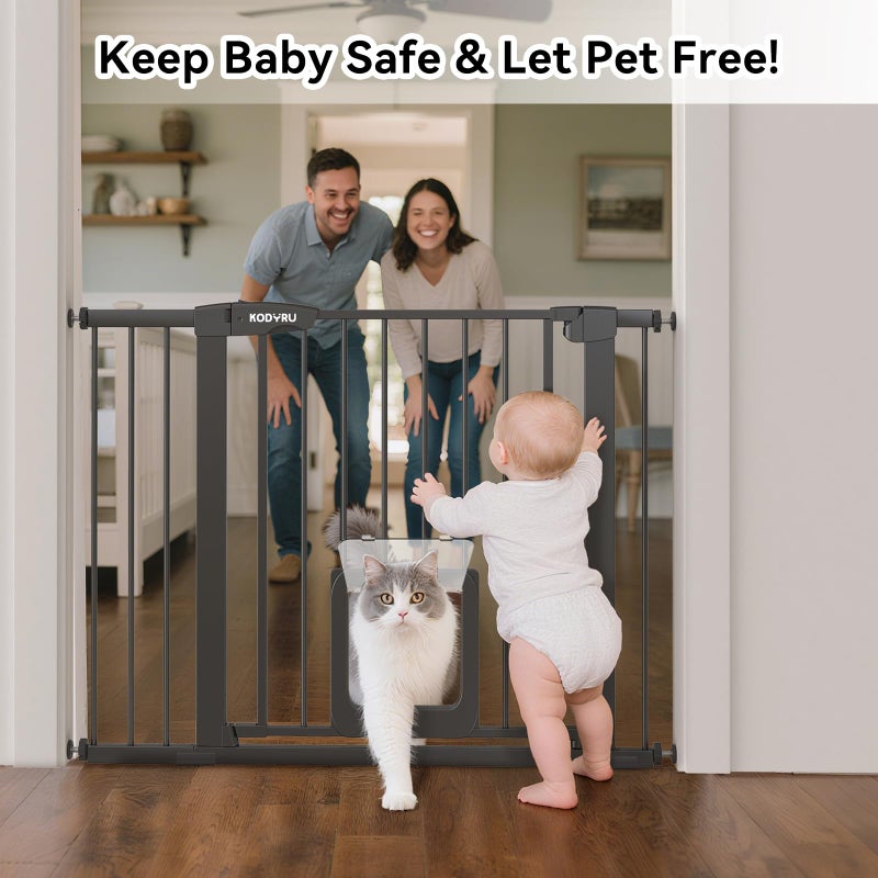 KODYRU 30 Inch Tall Dog Gate with Cat Door, Adjustable Width (29.7-45.2 Inches) for Doorways, Hallways & Stairs, Pressure-Mounted Walk-Through Dog Gate with Auto-Close & Double Lock Safetyï¼ˆBlackï¼‰ - Image 3