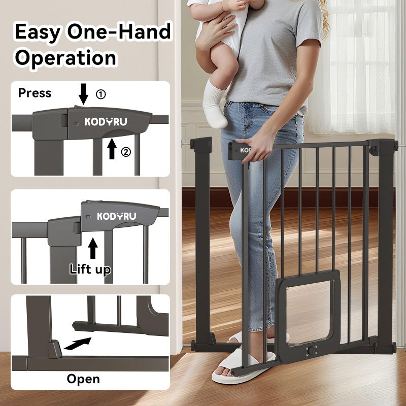 KODYRU 30 Inch Tall Dog Gate with Cat Door, Adjustable Width (29.7-45.2 Inches) for Doorways, Hallways & Stairs, Pressure-Mounted Walk-Through Dog Gate with Auto-Close & Double Lock Safetyï¼ˆBlackï¼‰ - Image 4