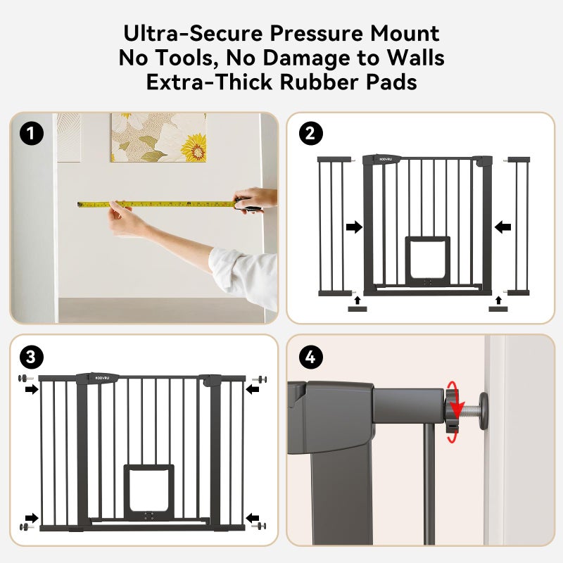 KODYRU 30 Inch Tall Dog Gate with Cat Door, Adjustable Width (29.7-45.2 Inches) for Doorways, Hallways & Stairs, Pressure-Mounted Walk-Through Dog Gate with Auto-Close & Double Lock Safetyï¼ˆBlackï¼‰ - Image 5