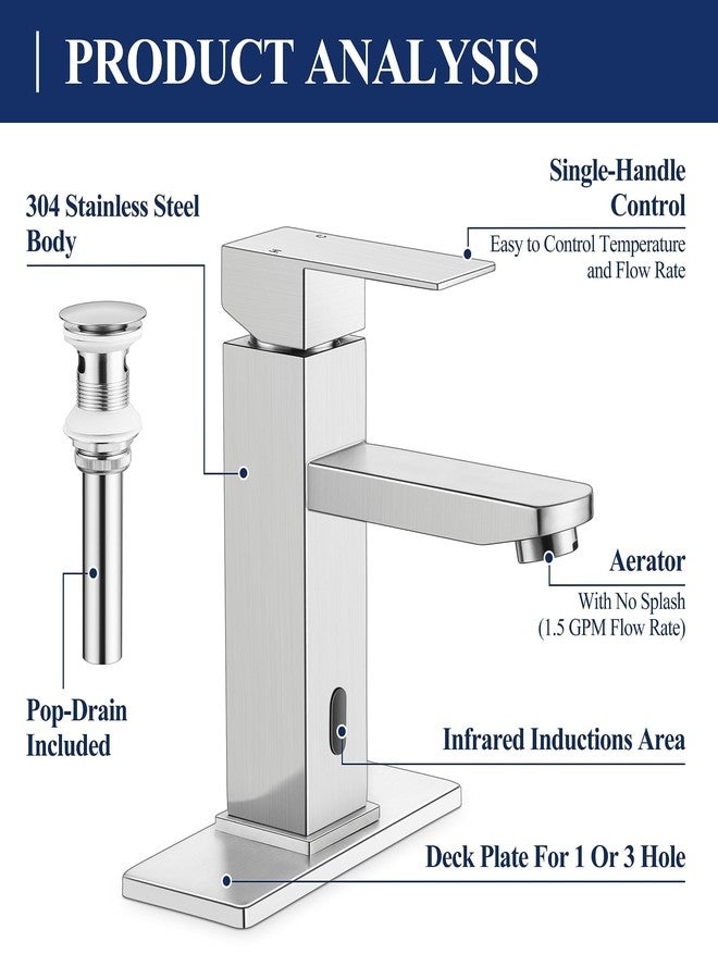 حنفيات الحمام Herogo بدون لمس من الفولاذ المقاوم للصدأ والنيكل المصقول مع مستشعر حركة تلقائي، حنفية حوض RV Bar لحوض من 1 إلى 3 فتحات بمقبض واحد مع سدادة تصريف منبثقة وخراطيم إمداد المياه - Image 2