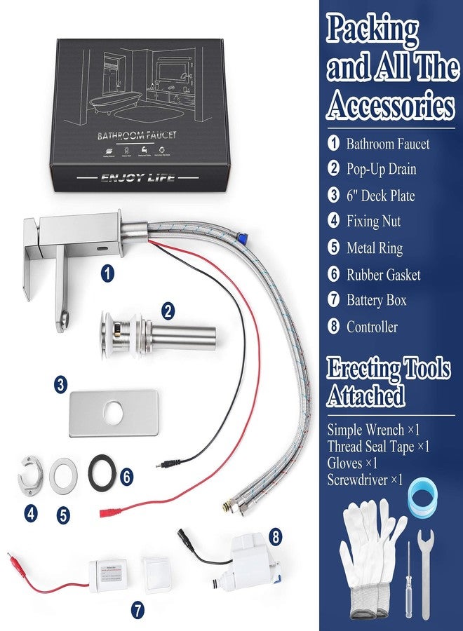 حنفيات الحمام Herogo بدون لمس من الفولاذ المقاوم للصدأ والنيكل المصقول مع مستشعر حركة تلقائي، حنفية حوض RV Bar لحوض من 1 إلى 3 فتحات بمقبض واحد مع سدادة تصريف منبثقة وخراطيم إمداد المياه - Image 4