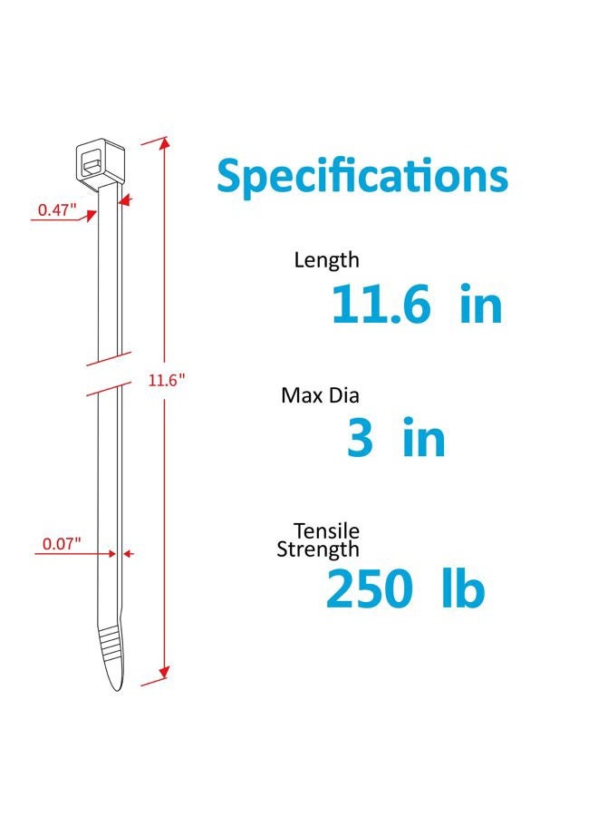 Karoka Industrial Zip Ties Heavy Duty with 250 lbs Tensile Strength, 11.6 inch, Electrical Cable Ties Heavy Duty, 50 Pieces, Wide and Thick Zip Ties, by - Image 2