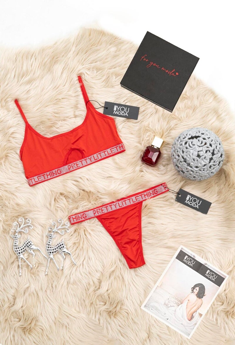 For You Lingerie 2-Piece Stoned Bralette Slip Red Set S27662 - Image 1