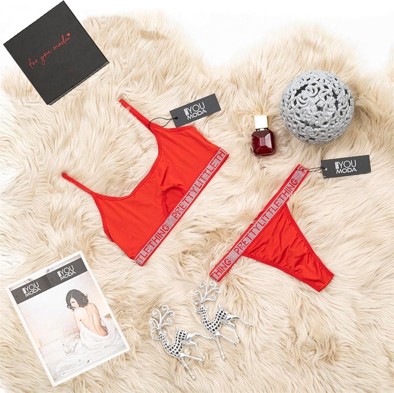 For You Lingerie 2-Piece Stoned Bralette Slip Red Set S27662 - Image 2