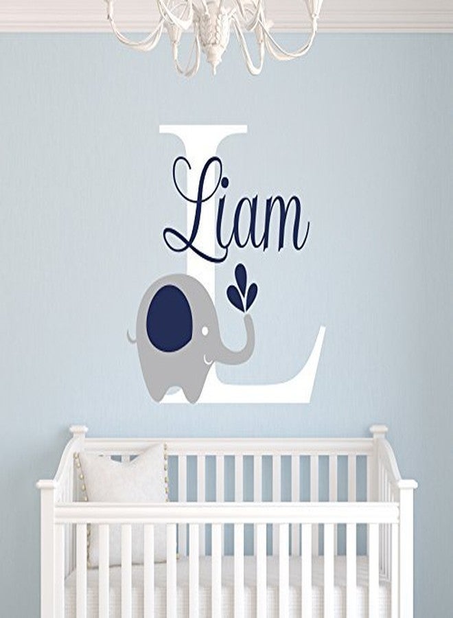 Decalzone Inc Custom Elephant Name Wall Decal - Nursery Room Decor - Kids Art Mural Vinyl Sticker for Boys - Name & Initial Cute Baby Decoration