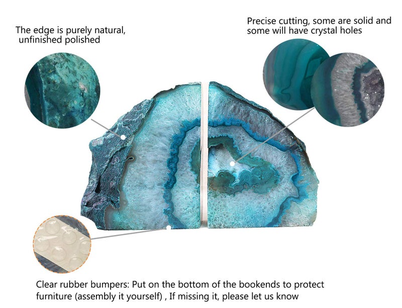 AMOYSTONE Teal Agate Geode Bookends, Unique Natural Crystal Book Holder 2-3 LBS with Rubber Bumpers, Sujetalibros for Small Books and Kitchen Cookbooks, Stylish and Functional - Image 4