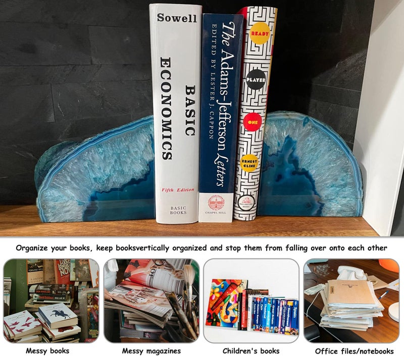 AMOYSTONE Teal Agate Geode Bookends, Unique Natural Crystal Book Holder 2-3 LBS with Rubber Bumpers, Sujetalibros for Small Books and Kitchen Cookbooks, Stylish and Functional - Image 5