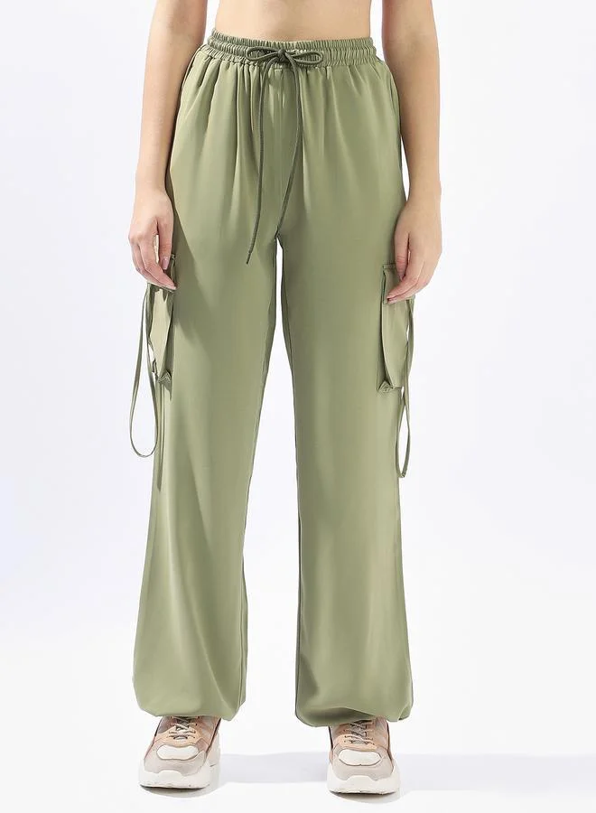 Hubberholme olive green Green Wide Leg Trousers for Women Wide Leg Fit 95% Polyester 5% Lycra Button Closure for Women | Best Price UAE