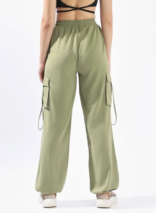 Hubberholme olive green Green Wide Leg Trousers for Women Wide Leg Fit 95% Polyester 5% Lycra Button Closure for Women | Best Price UAE