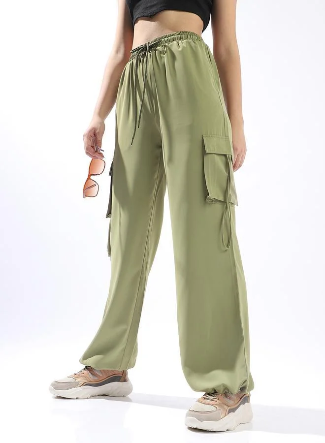 Hubberholme Green Wide Leg Trousers for Women Wide Leg Fit 95% Polyester 5% Lycra Button Closure