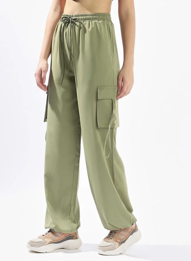 Hubberholme olive green Green Wide Leg Trousers for Women Wide Leg Fit 95% Polyester 5% Lycra Button Closure for Women | Best Price UAE