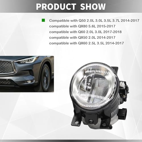 Yunnergo Pair Fog Lights Compatible with Q50 QX50 Q60 QX60 Q70L QX80 2014-2018 Left & Right Side Front Bumper Daytime Running Lamps 261554GA0A 261554GA0B IN2593108 IN2592108 - Image 5