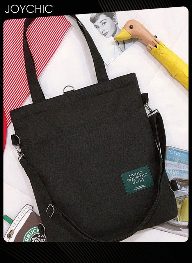 Joychic Casual Canvas Shoulder Bag Multifunction Large Capacity College Students Backpack Foldable Lightweight Tote Bag Black - Image 2
