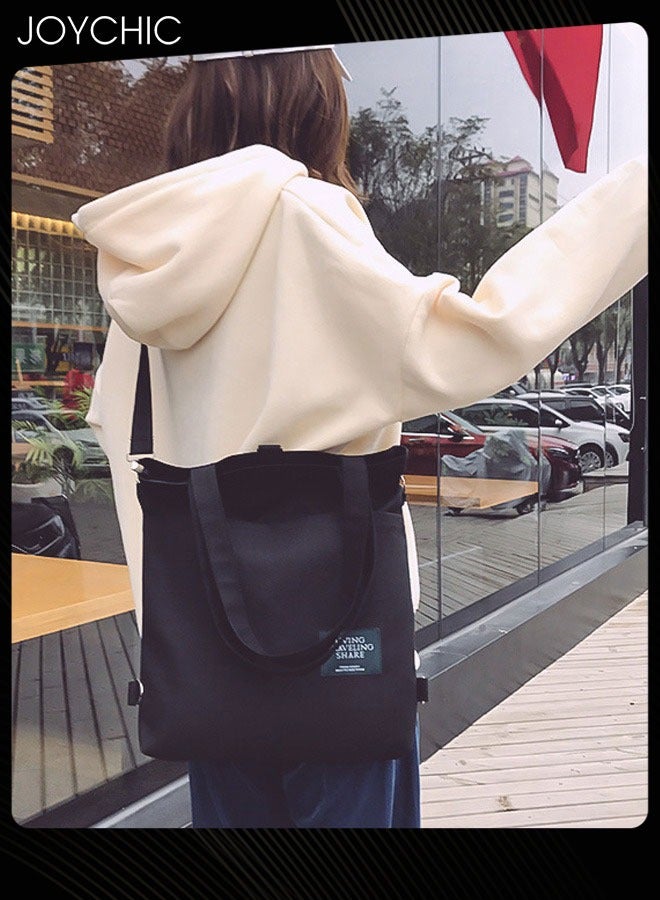 Joychic Casual Canvas Shoulder Bag Multifunction Large Capacity College Students Backpack Foldable Lightweight Tote Bag Black - Image 3