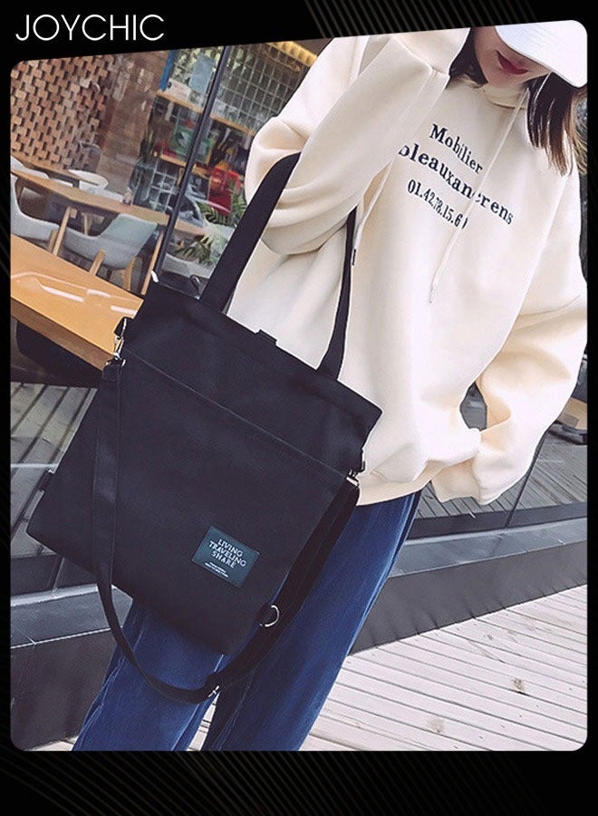 Joychic Casual Canvas Shoulder Bag Multifunction Large Capacity College Students Backpack Foldable Lightweight Tote Bag Black - Image 4