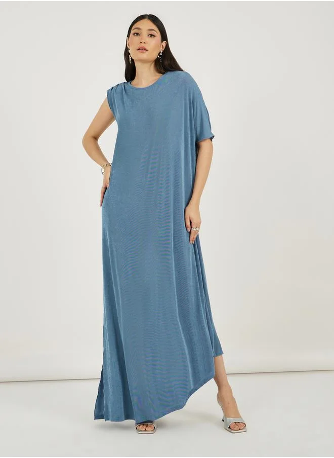 Styli Texture Knit Side Slit Shift Maxi Dress