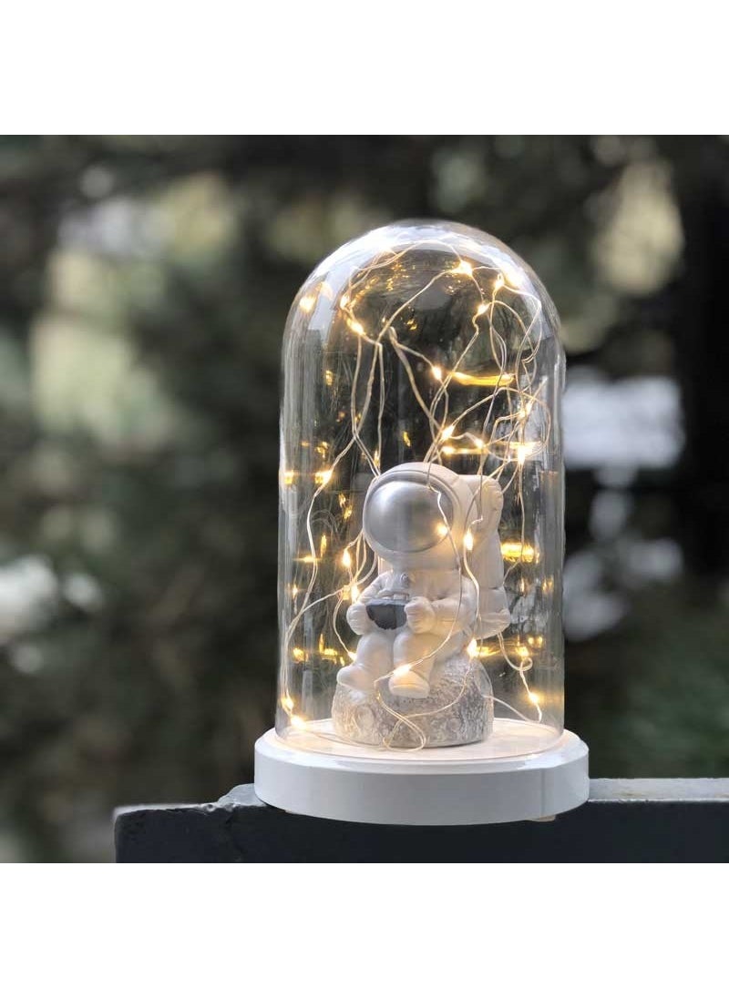 By-Lamp Lighted Glass Globe Silver Sitting Astronaut Figured Lamp 