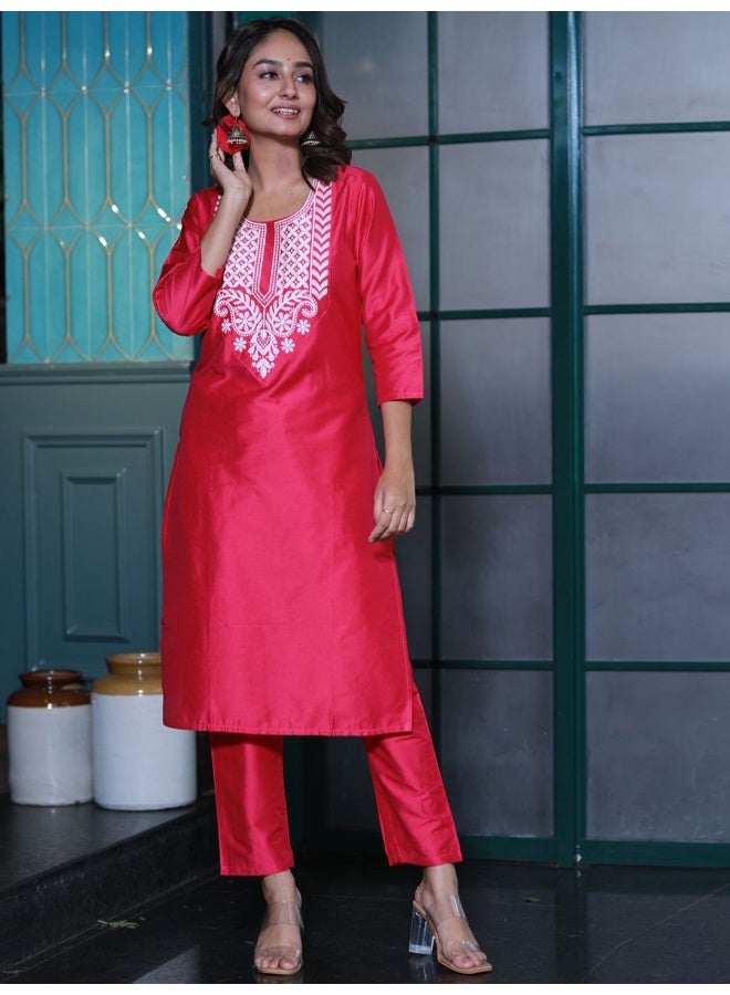 AKS AKS Yoke Design Regular Patchwork Chanderi Silk Straight Kurta with Trousers  - Image 1