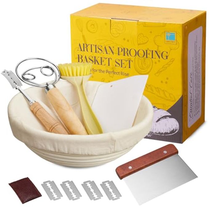 Dimpola Banneton Bread Proofing Basket Banneton Basket Set Sourdough Proofing Basket Round Proofing Bowls Handmade Rattan Baskets and Liners (Round of 1 Gift Set) - Image 1
