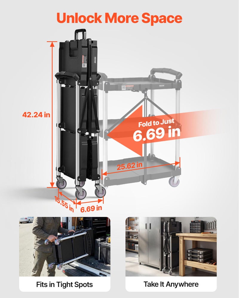VEVOR Foldable Utility Service Cart, 165LBS 3 Shelf Heavy Duty Plastic Rolling Cart with 360Â° Swivel Wheels (2 with Brakes), Ergonomic Handle, Portable Garage Tool Cart for Warehouse Office Home - Image 2